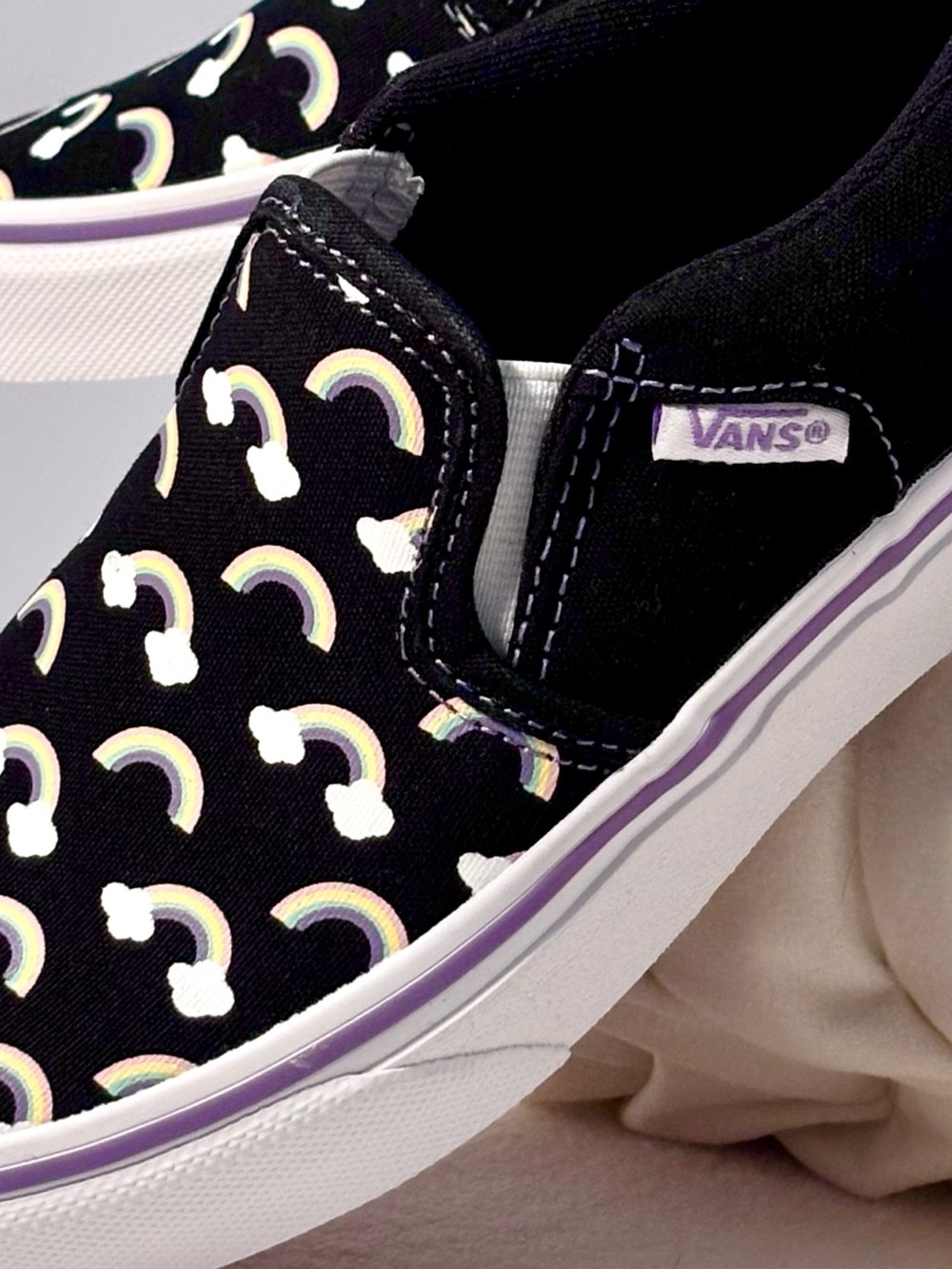 NWOT Vans Rainbow Cloud Slip‑Ons | Youth 1.0 | Lavender Trim - Picture 11 of 12